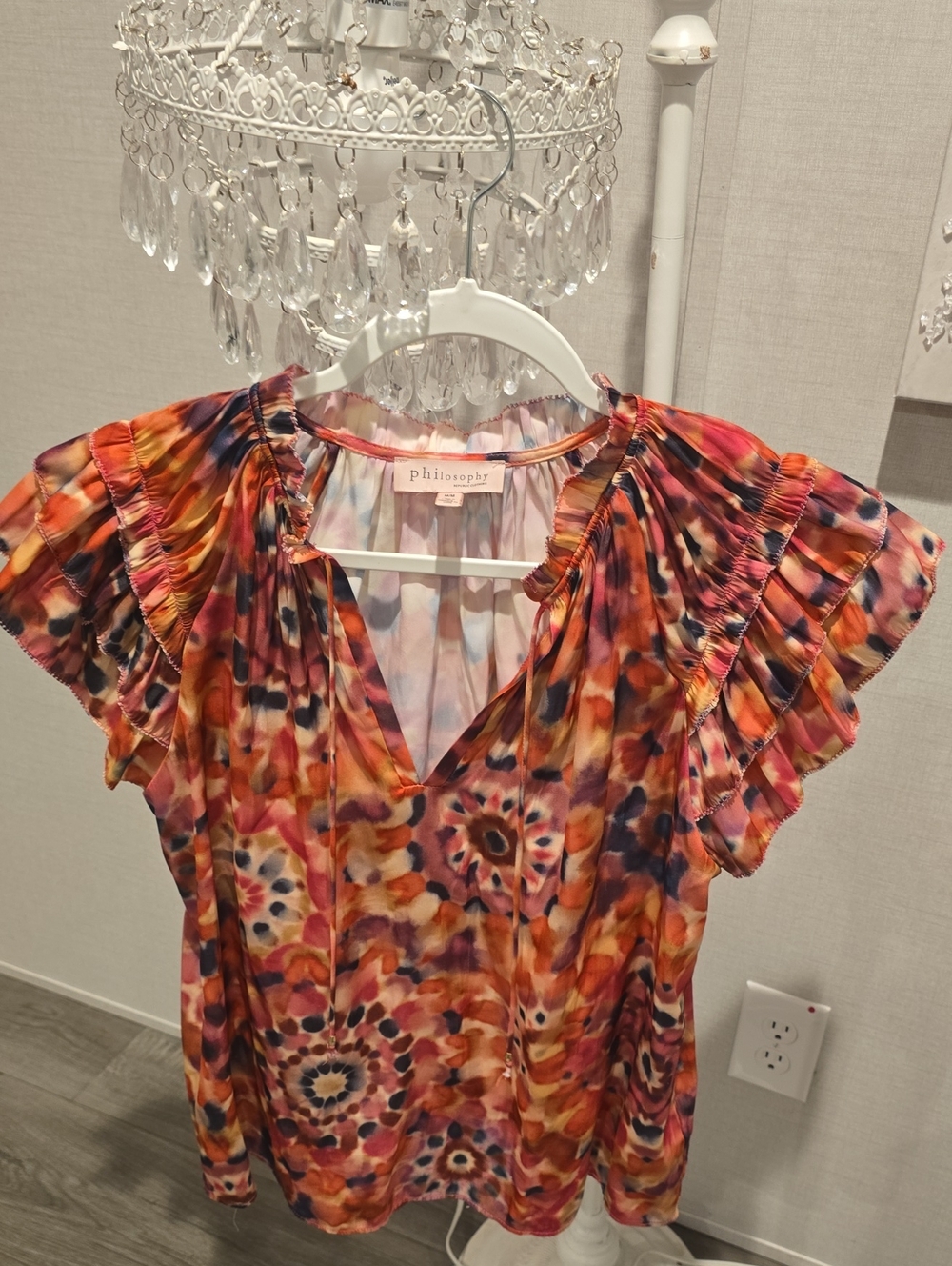 Philosophy Multicolor Orange Floral Ruffle Sleeve V-Neck Blouse